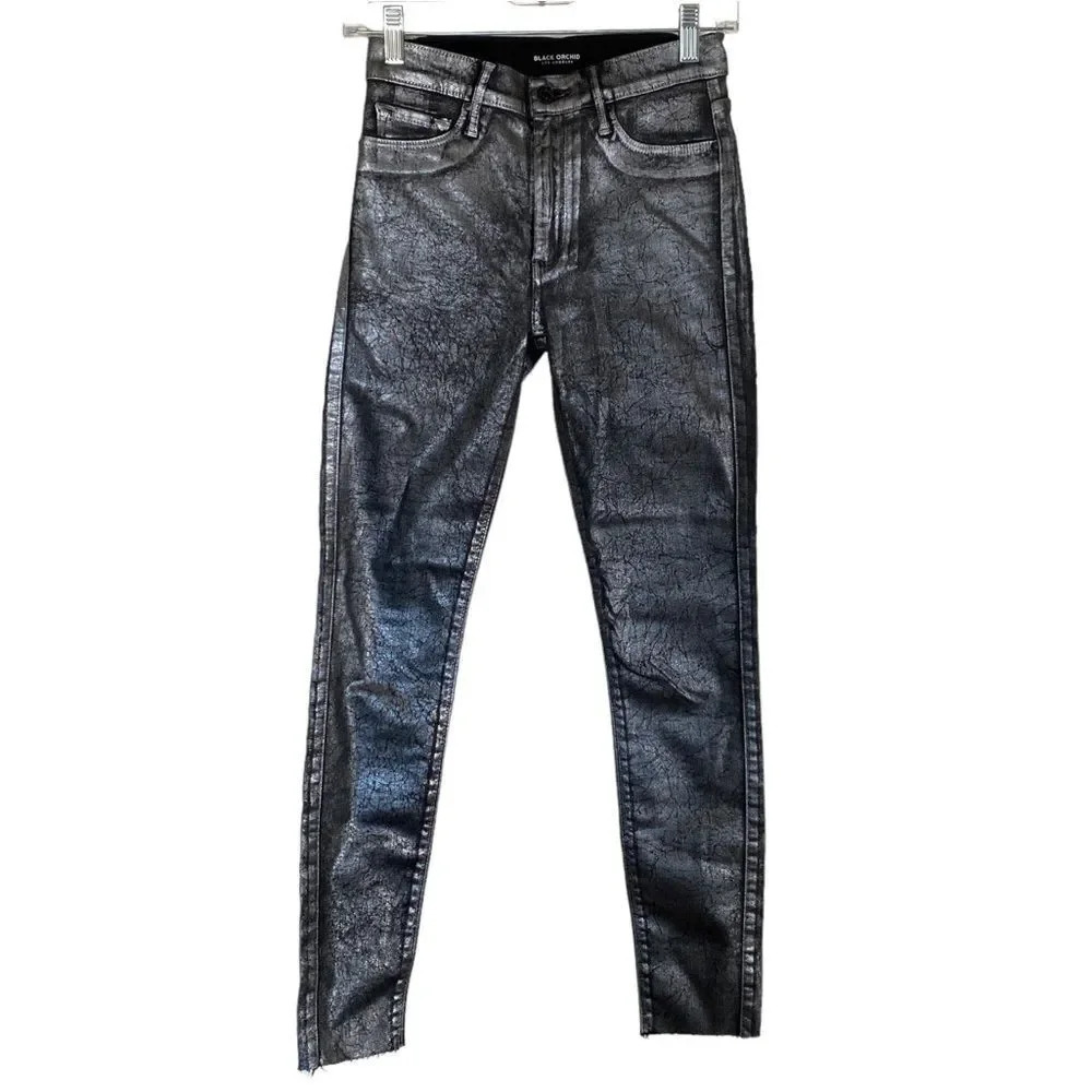 NWT BLACK ORCHID Noah Ankle Fray Thriller Jeans Skinny Metallic Coated Size 25